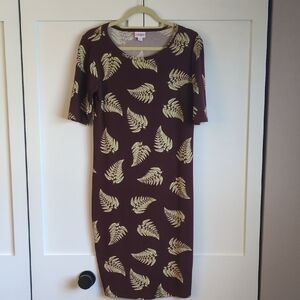 LuLaRoe Julia Maroon Midi Dress with Gold Fern Pattern